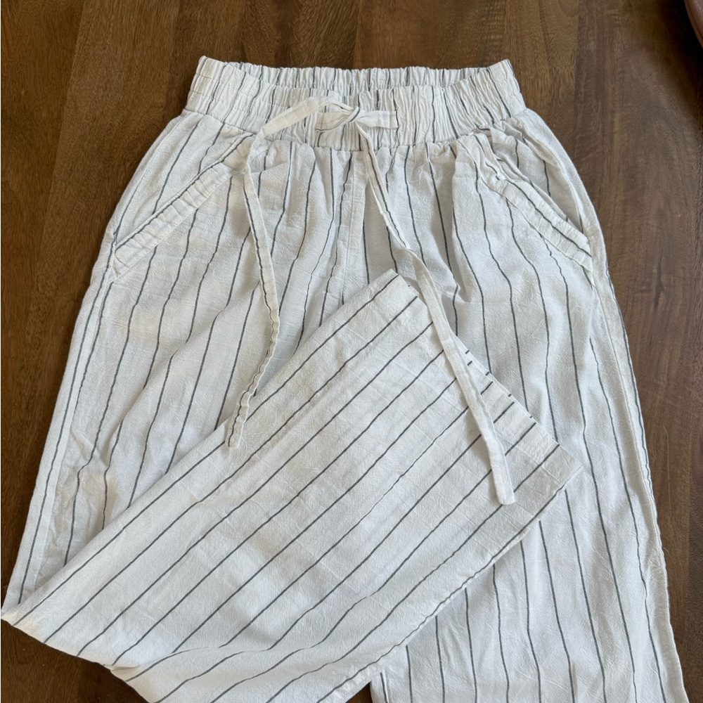 White Linen Blend Striped Drawstring Pants